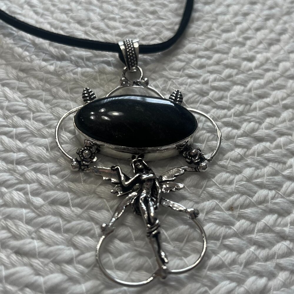 Unique SILVER OBSIDIAN Handmade Sterling 925 MERMAID Pendant/Black Cord #866D